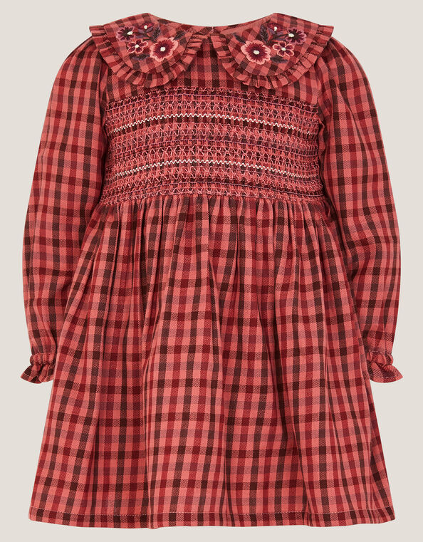 Baby Checkered Long Sleeve Shirred Dress, Brown (BROWN), large