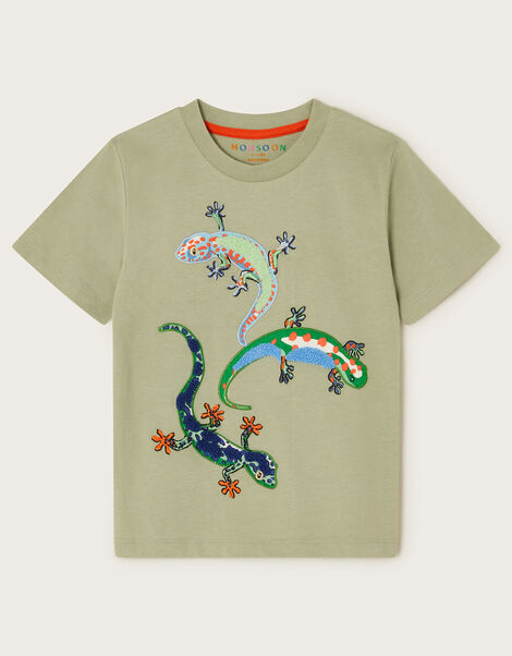 Lizard Embroidered Cotton T-Shirt, Green (KHAKI), large