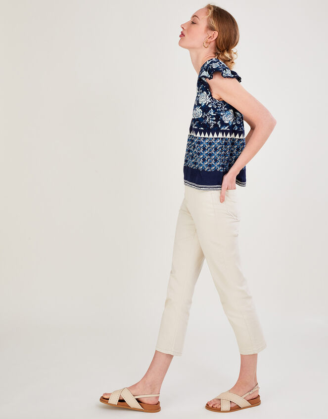 Floral Print Tier Jersey Top in Sustainable Cotton, Blue (NAVY), large