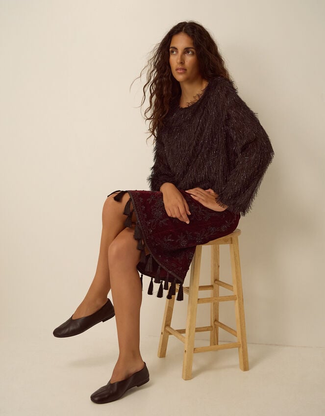 Mila Embellished Velvet Knee Length Skirt, Red (BURGUNDY), large