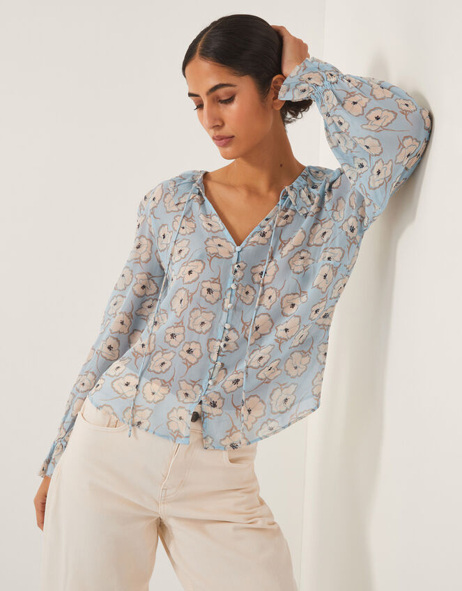 Chloe Floral Ruffle Blouse, Blue (BLUE), large