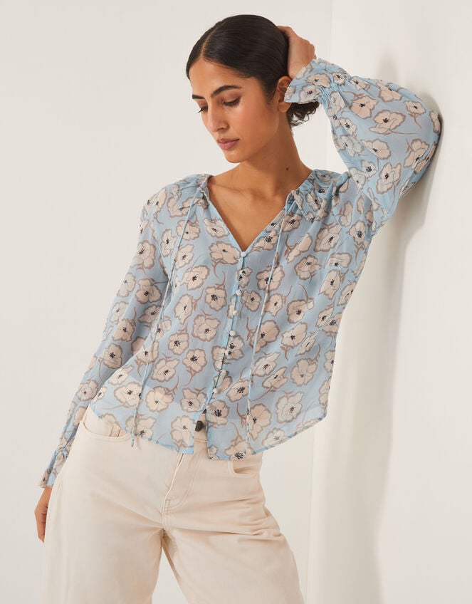 Chloe Floral Ruffle Blouse, Blue (BLUE), large