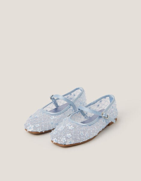 Flower Sparkle Mesh Ballet Flats, Blue (BLUE), large