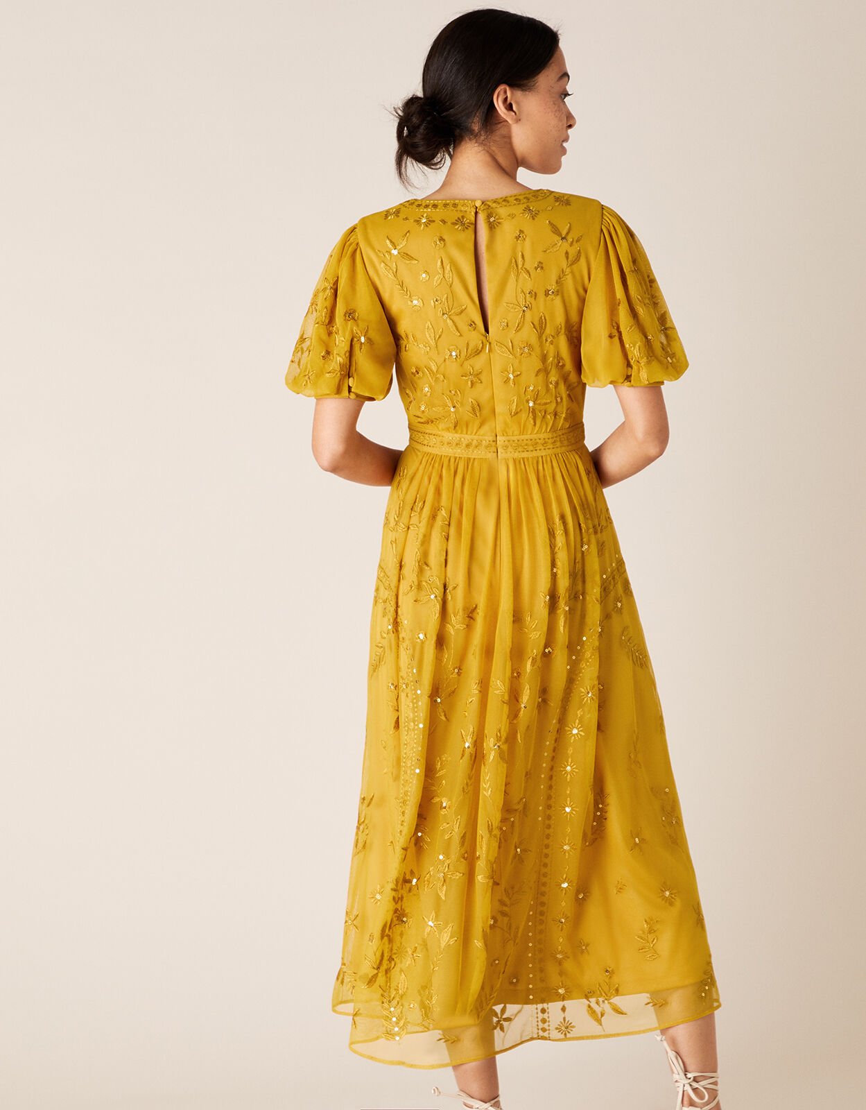 Valerie Sequin Embroidered Tea Dress Yellow