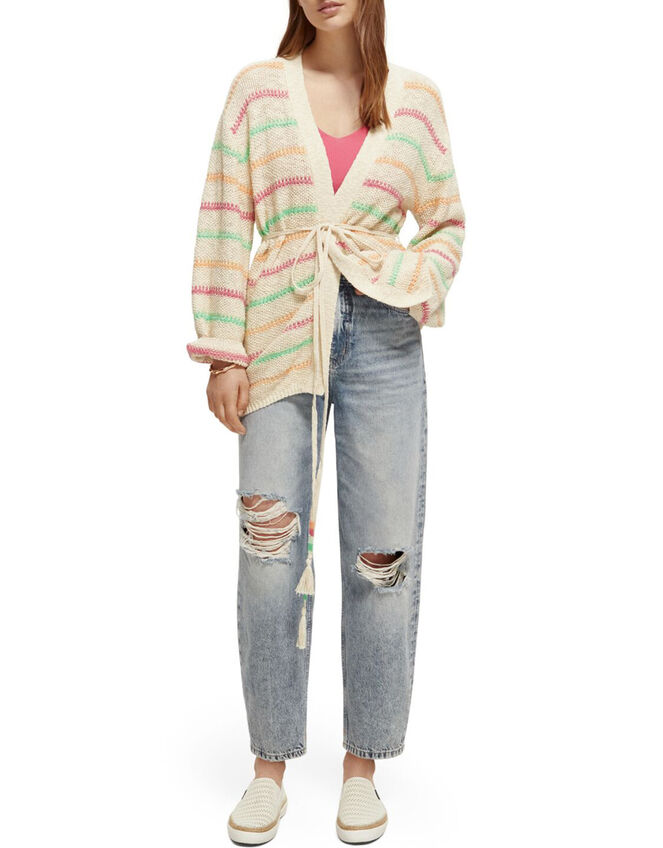 Scotch and Soda Stripe Tie Waist Cardigan, Natural (NATURAL), large
