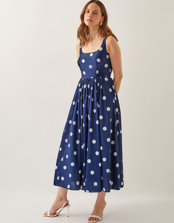 Sicily Polka Dot Fit & Flare Midi Dress, Blue (NAVY), large
