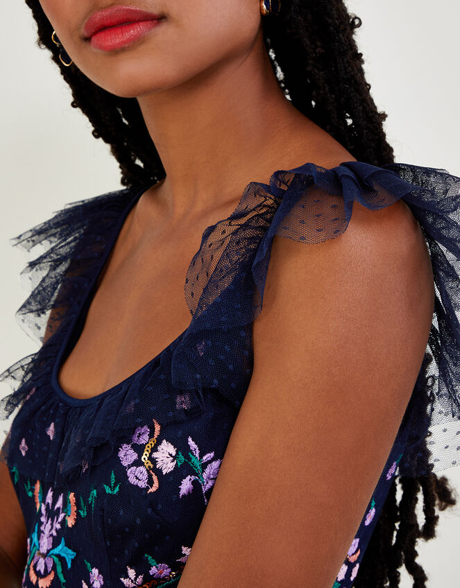 Fiorella Frill Strap Embroidered Dress, Blue (NAVY), large
