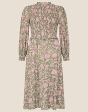 Linie Floral Shirred Dress, Green (KHAKI), large