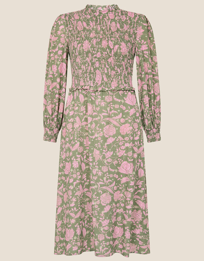 Linie Floral Shirred Dress, Green (KHAKI), large