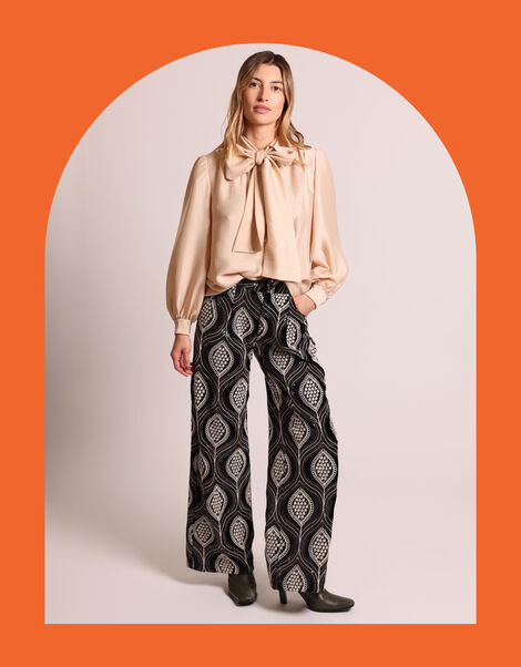 Traffic People Lulu Print Wide Leg Trousers, Black (BLACK), large