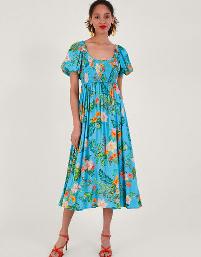 Limella Floral Print Shirred Dress in Sustainable Viscose, Blue (BLUE), large