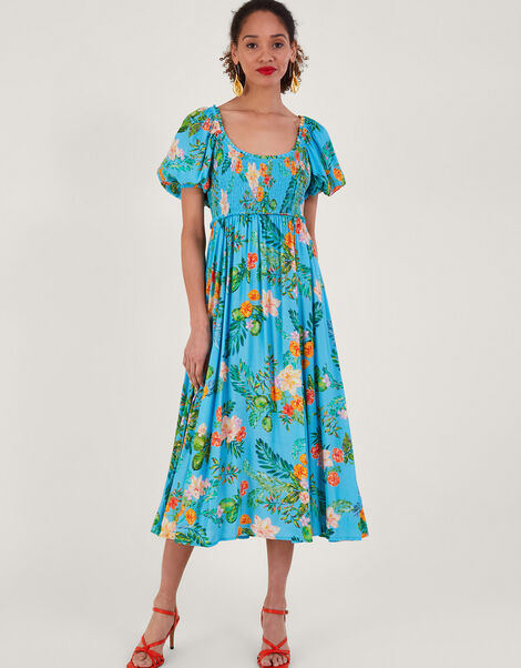 Limella Floral Print Shirred Dress in Sustainable Viscose, Blue (BLUE), large