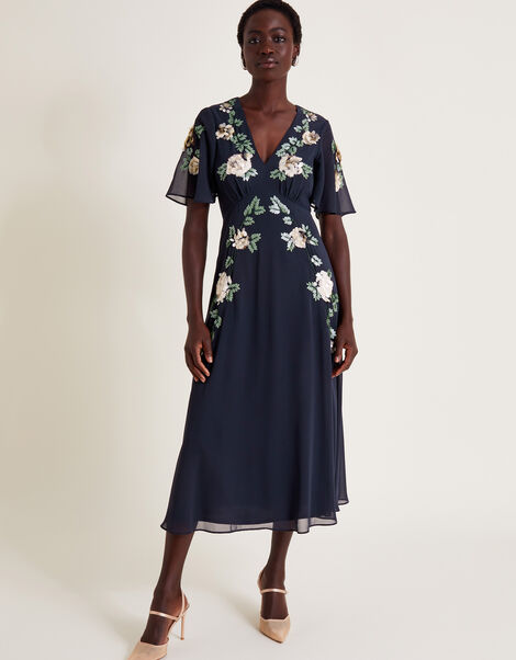 Cora Floral Embellished Midi Tea Dress, Blue (NAVY), large