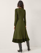 Viv Velvet Trim Long Sleeve Midi Dress, Green (KHAKI), large
