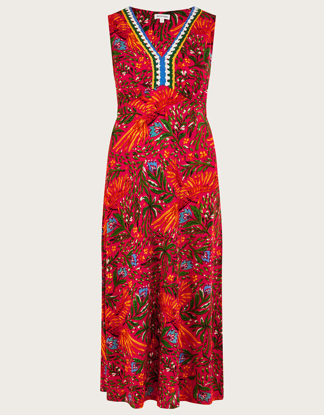 Leaf Print Crochet Trim Dress in Linen Blend, Red (RED), large