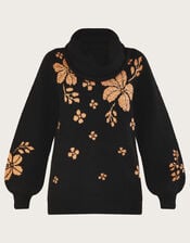 Jacquard Flower Beaded Jumper with Recycled Polyester, Black (BLACK), large