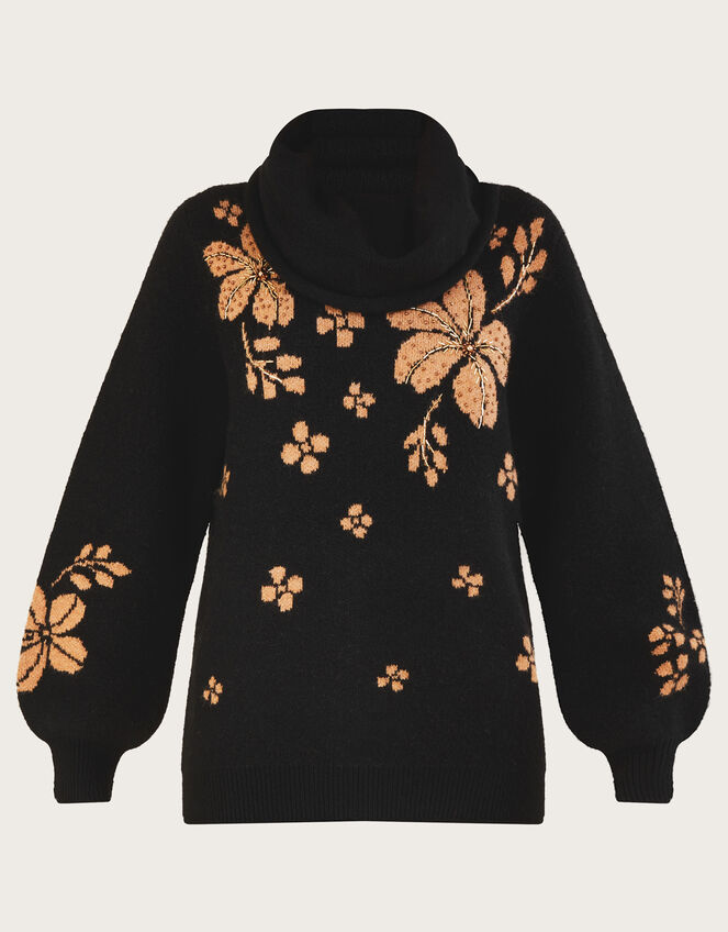 Jacquard Flower Beaded Sweater with Recycled Polyester, Black (BLACK), large