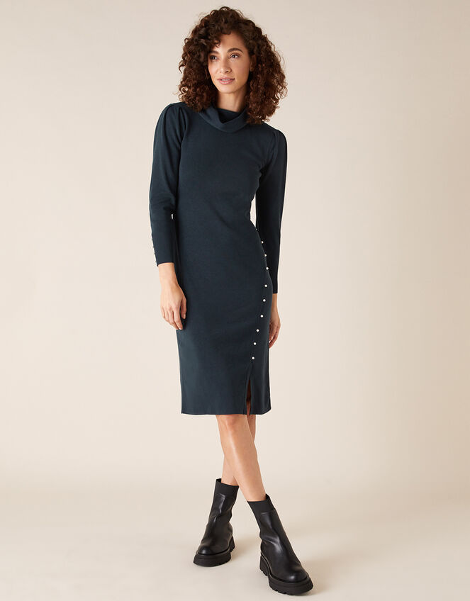 Pearl Button Cowl Neck Knit Dress, Teal (TEAL), large