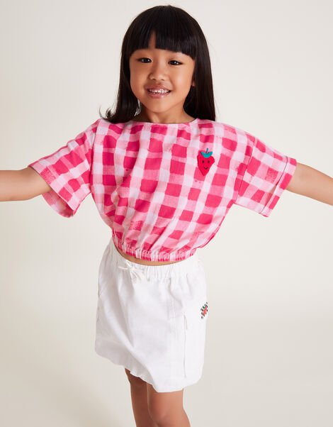 Short Sleeve Gingham Crop Top, Pink (PINK), large