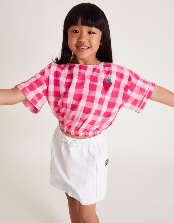 Short Sleeve Gingham Crop Top, Pink (PINK), large