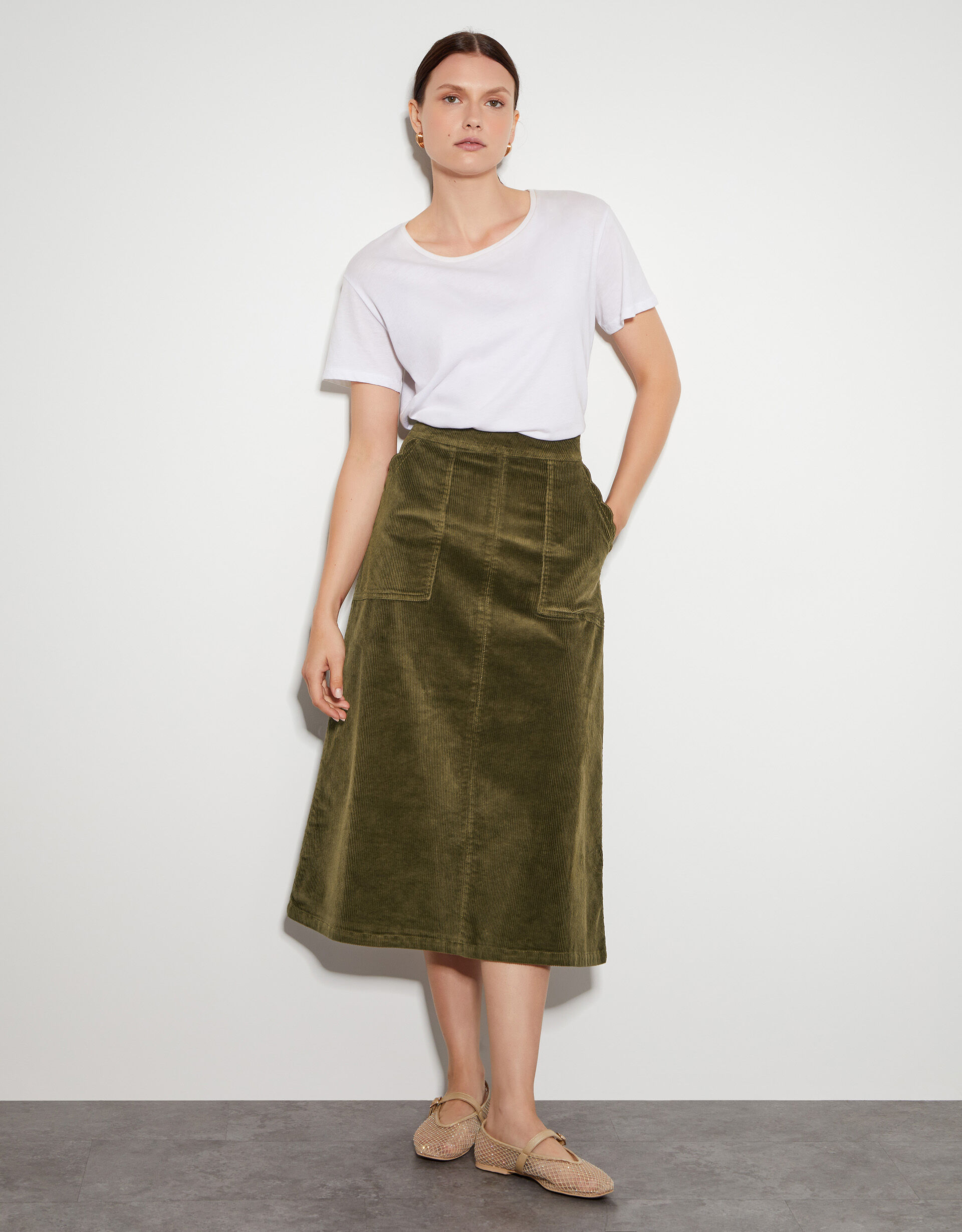 Green cord midi skirt new arrivals