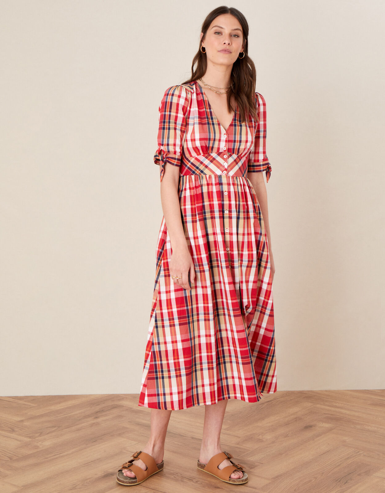 Check Midi Dress in Organic Cotton Red Day Dresses Monsoon Global
