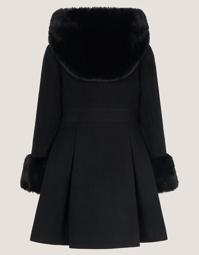 Bow Faux Fur Double-Breasted Coat, Black (BLACK), large