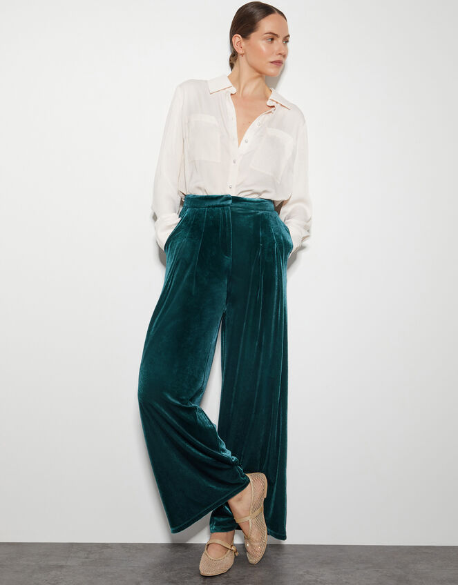 Valery Wide Leg Velvet Trousers, PEACOCK, large