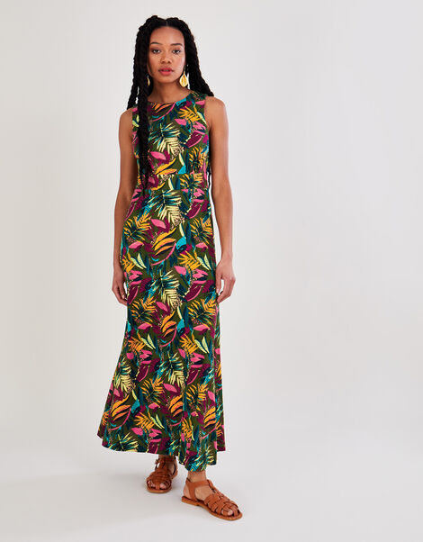 Cut-Out Back Palm Jersey Dress, Green (KHAKI), large