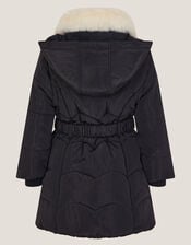 Fluffy Collar Belted Puffer Coat, Black (BLACK), large