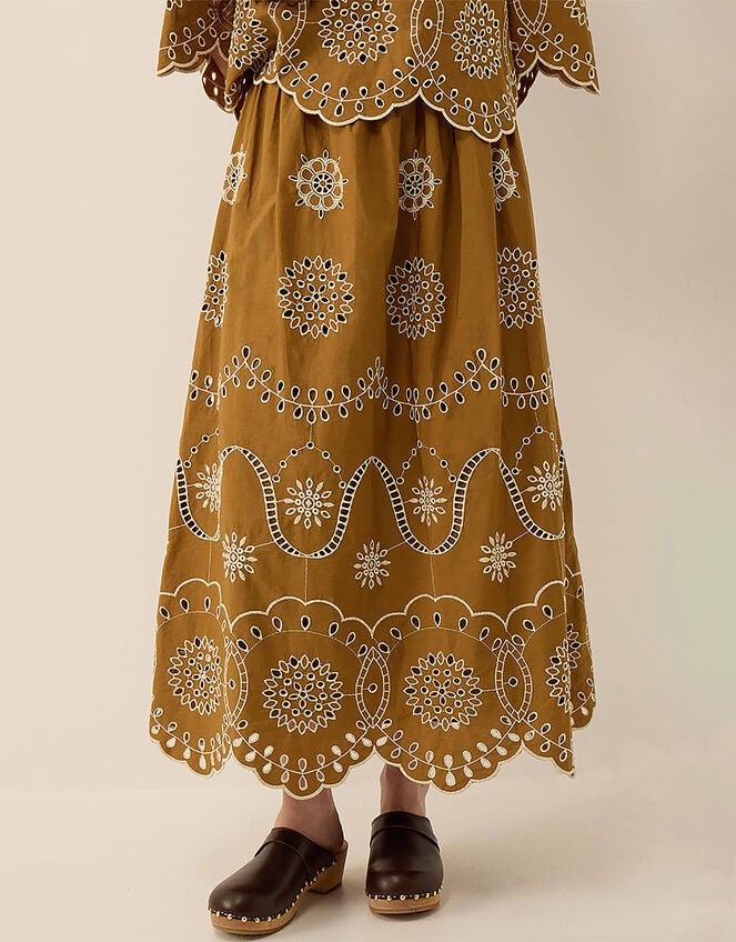 East Leni Floral Broderie Cotton Poplin Skirt, Green (OLIVE), large