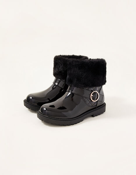 Patent Fur Trim Boots Black, Black (BLACK), large