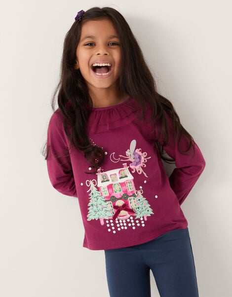 Christmas House Embellished Long Sleeve Top, Red (BURGUNDY), large