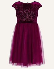 Floral Embroidered Velvet Dress, Red (BURGUNDY), large