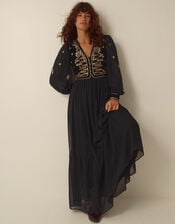 Ella Floral Embellished Velvet Maxi Dress, Black (BLACK), large