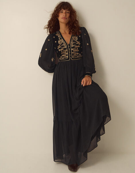 Ella Floral Embellished Velvet Maxi Dress, Black (BLACK), large