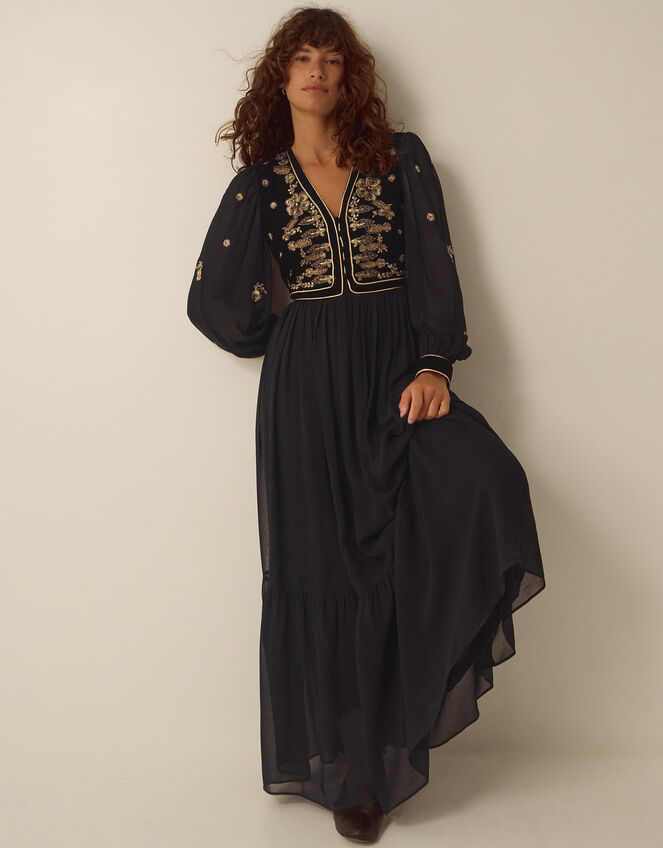 Ella Floral Embellished Velvet Maxi Dress, Black (BLACK), large