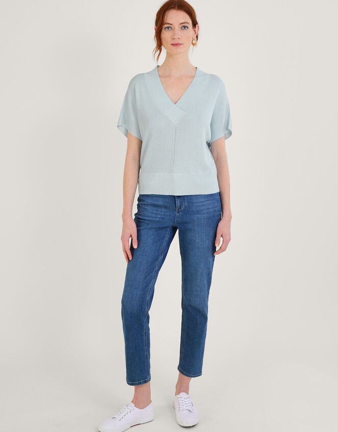 Loose V-Neck Metallic Short Sleeve Jumper, Blue (BLUE), large