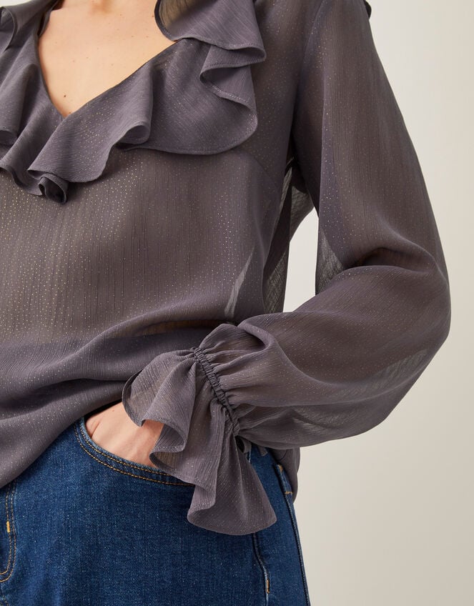 Emmy Sheer Sparkle Frill Blouse, Grey (CHARCOAL), large