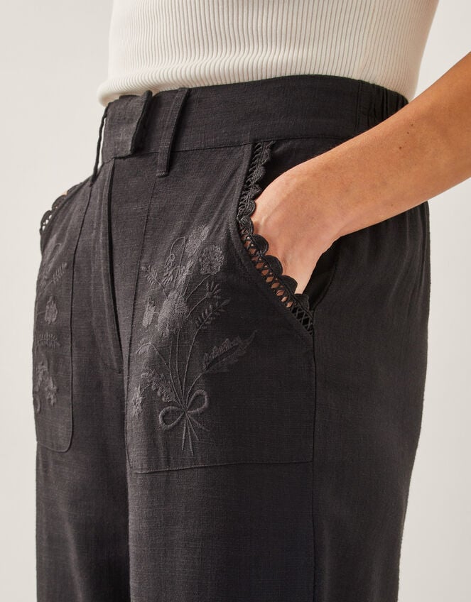 Hayley Embroidered Linen Blend Trousers, Black (BLACK), large