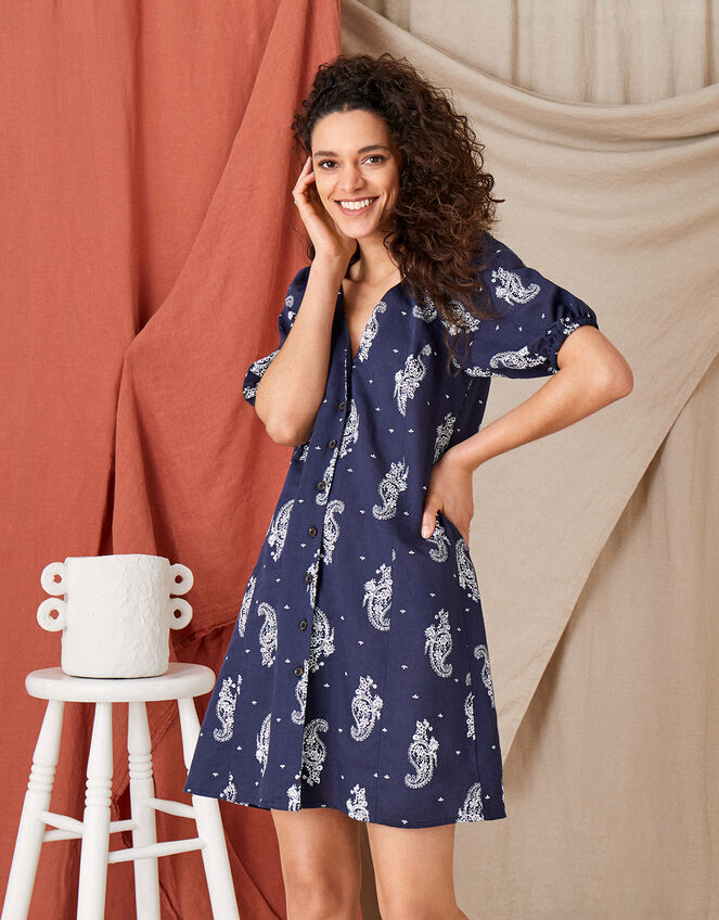 Heritage Print Dress in Linen Blend, Blue (NAVY), large