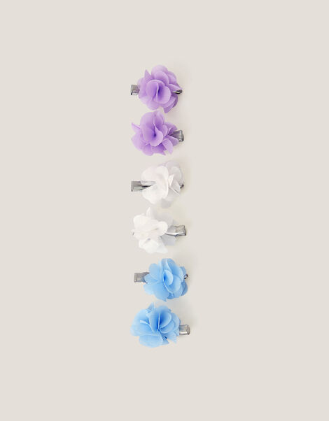 6-Pack Pom-Pom Flower Hair Clips, Blue (BLUE), large