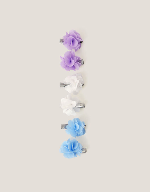 6-Pack Pom-Pom Flower Hair Clips, Blue (BLUE), large