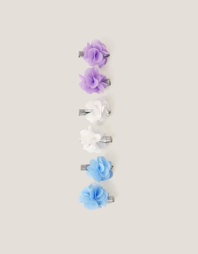 6-Pack Pom-Pom Flower Hair Clips, Blue (BLUE), large