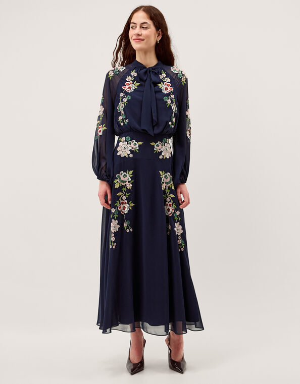 Annika Floral Embroidered Chiffon Midi Dress, Blue (NAVY), large