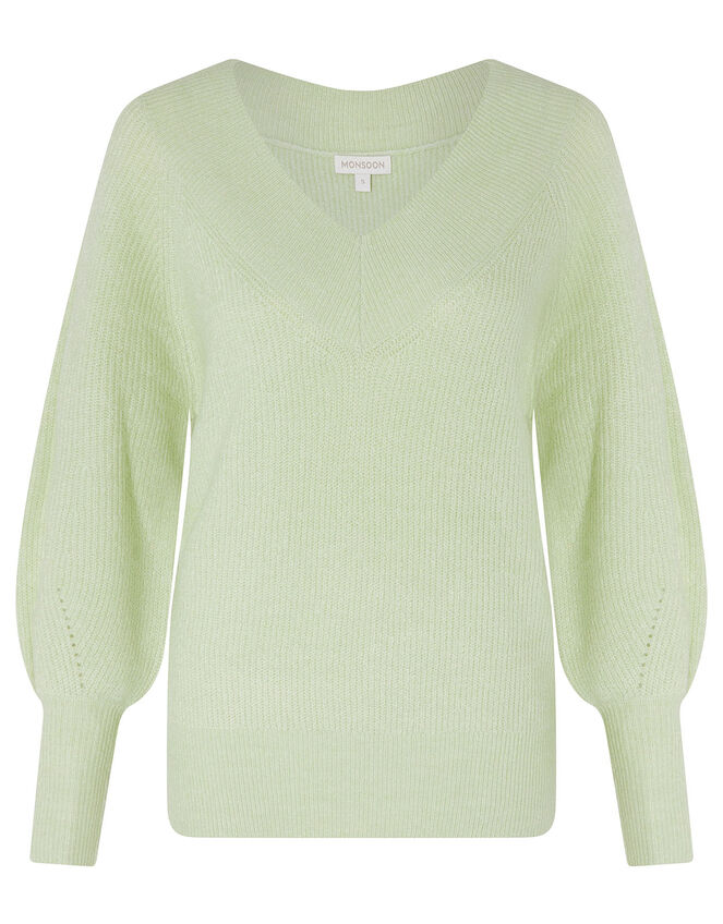 V-Neck Ribbed Knit Jumper, Green (GREEN), large