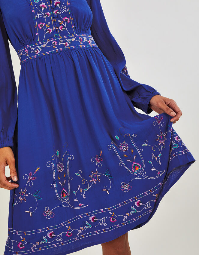 Tara Embroidered Short Dress in Sustainable Viscose, Blue (COBALT), large