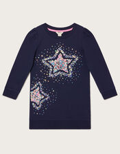 Star Sequin Spray Longline Sweat Top, Blue (NAVY), large