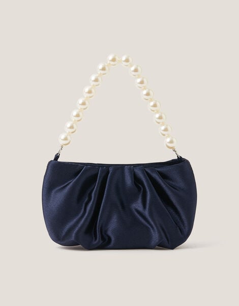 Pearl Strap Satin Party Bag, Blue (NAVY), large