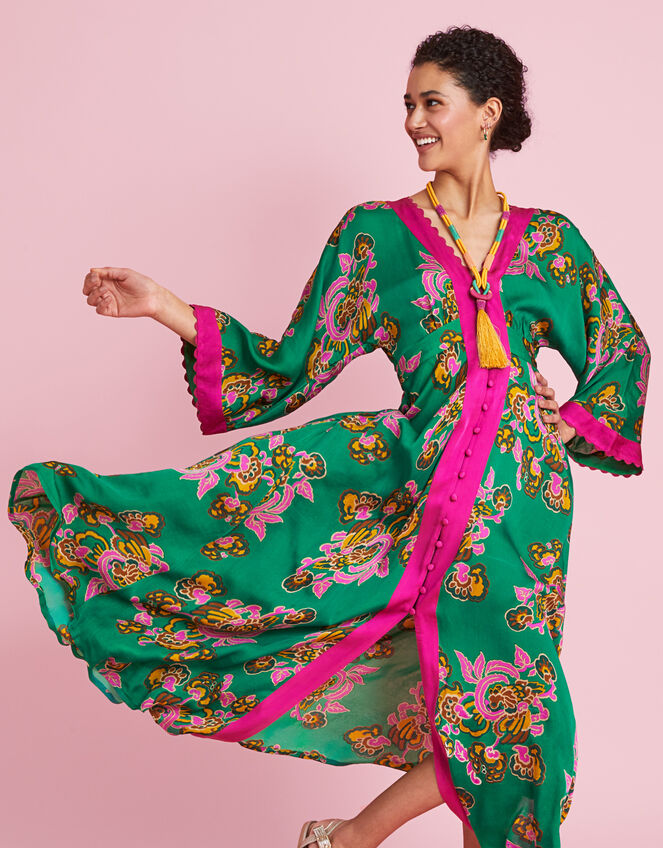 Button Through Print Kaftan Dress, Green (GREEN), large